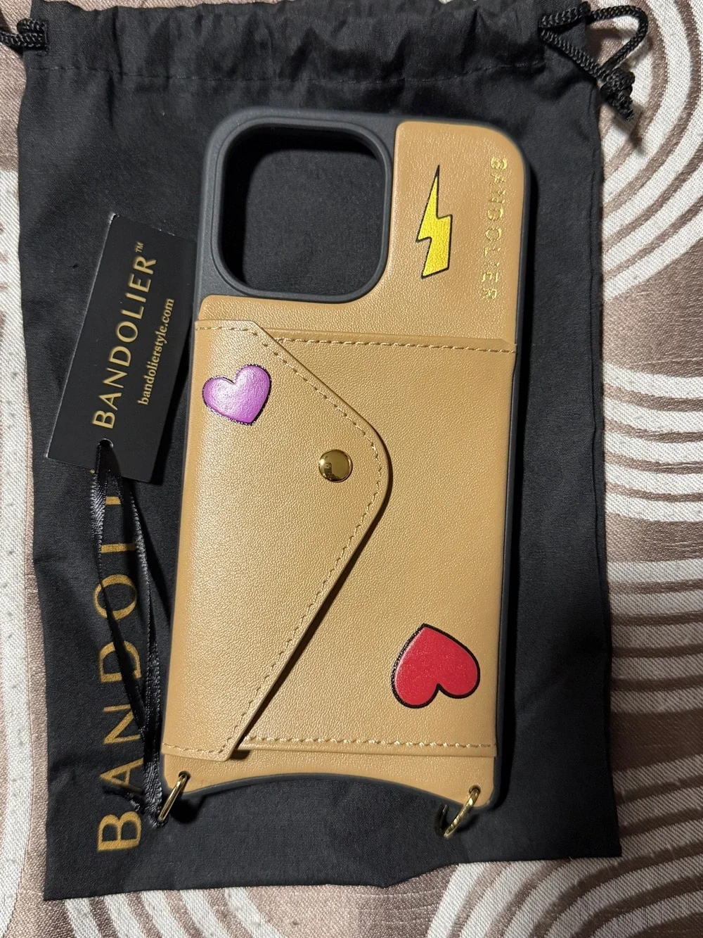 Bandolier Tan Phone Case with Purple & Red Hearts and Yellow Lightning Bolt